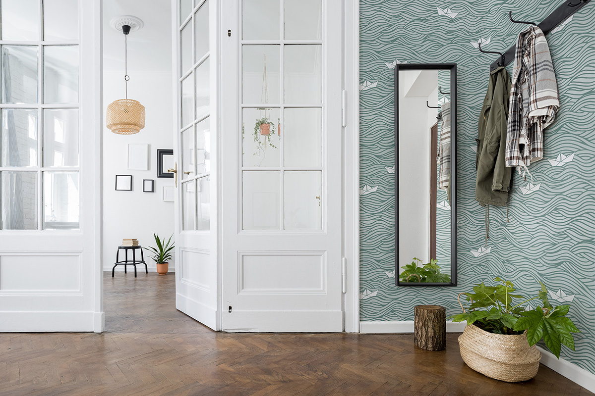Little Paper Boats on Waves Wallpaper in home entry