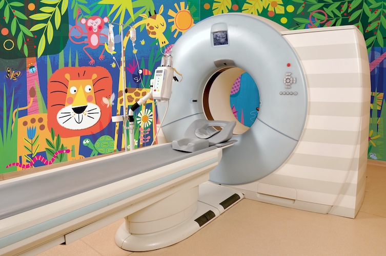 Jungle animals kids illustration panoramic mural in medical mri room