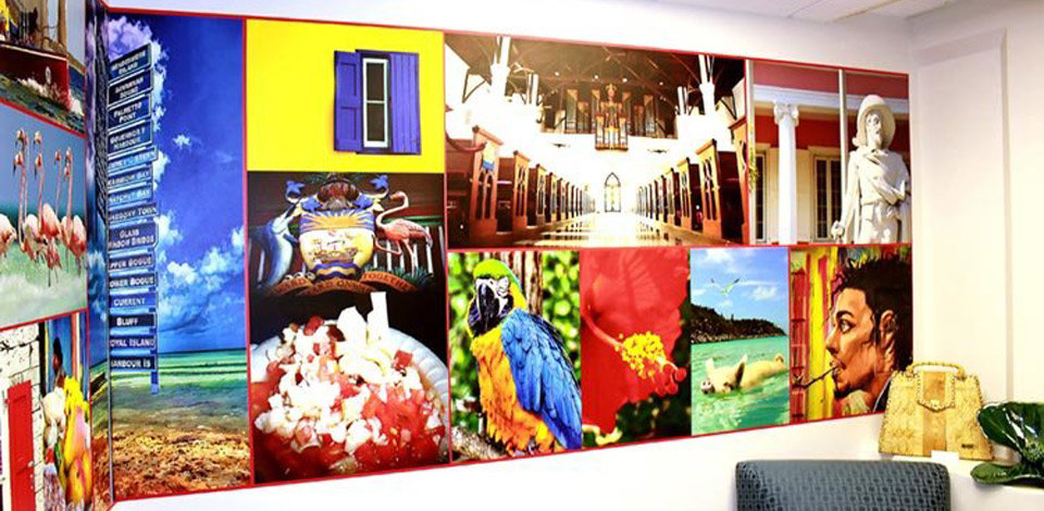 Colorful Wall Mural Of Various Images  Of The Bahamas In An Office