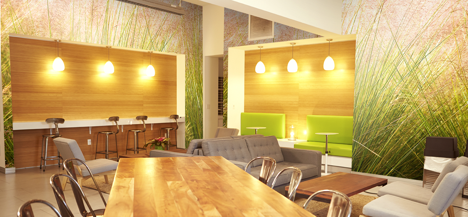 Mural of tall grasses in an employee breakroom