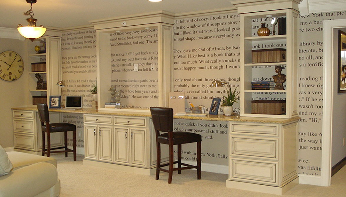 Custom wall mural of text from a book in an office library room