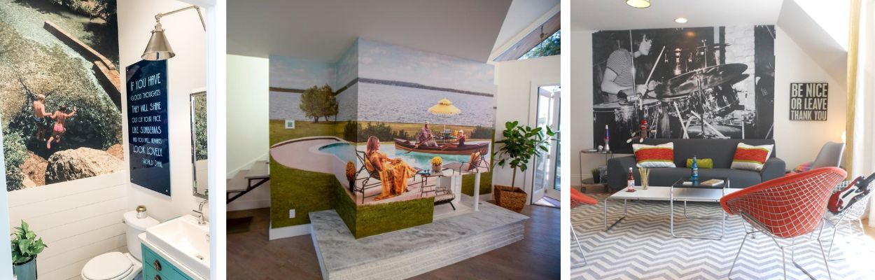 Examples of custom murals - kids jumping in water, family lounging by beach, man playing drums