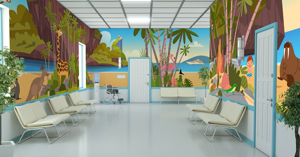 Kids jungle animal beach illustration room wrap wall mural in medical waiting room