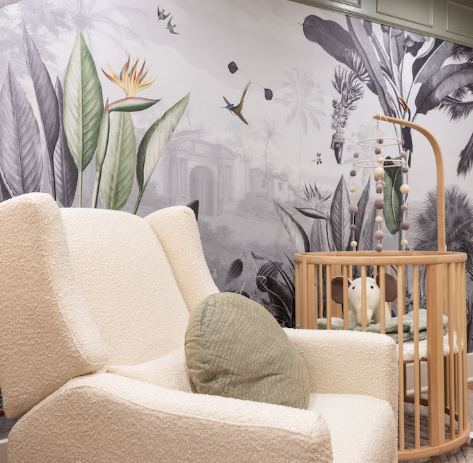 Tropical jungle engraved landscape mural in a nursery