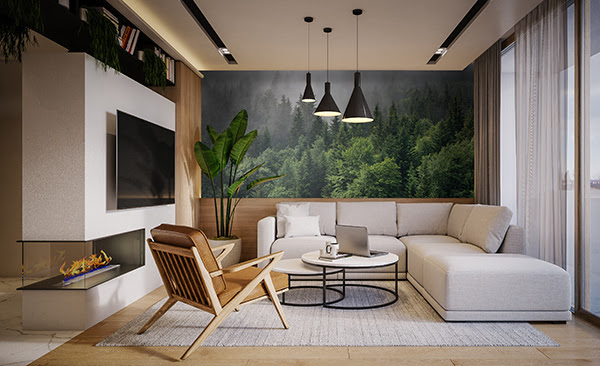Misty Evergreen Forest mural on a wall in a modern living room