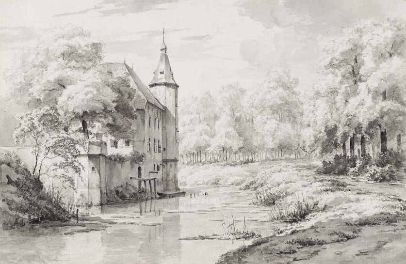 Black and white vintage landscape of an old castle on a river
