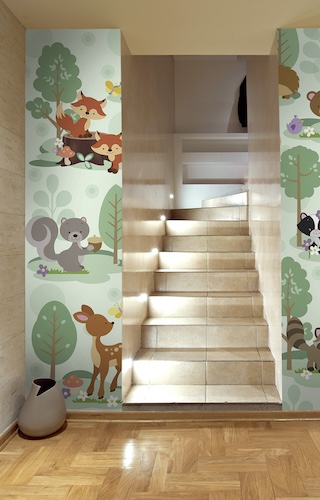 Cute forest animal illustration wallpaper in stairwell