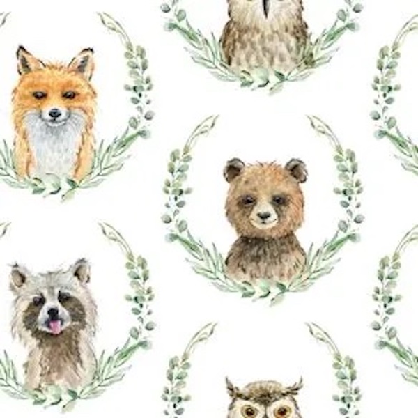 A repeating pattern of heads of foxes owls and bears each in a leaf cameo