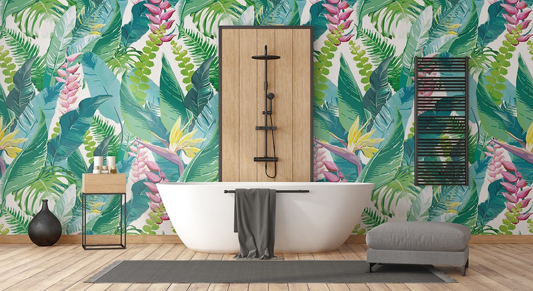 Exotic tropical flower and leaves pattern mural in a modern bathroom