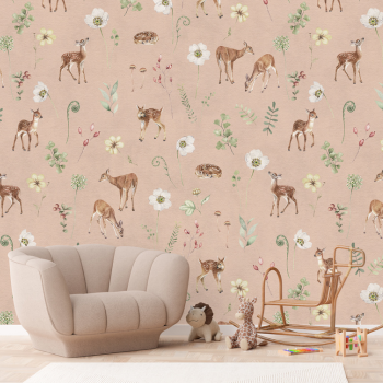 Woodland creature pattern wallpaper in a kids room