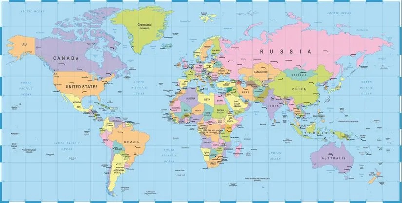 A colorful map of all the counties in the world