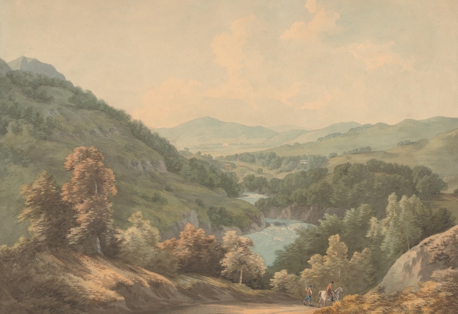 Vintage landscape mural of a river winding through mountains