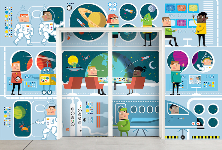 Space station illustrated kids wallpaper mural on doorway wall