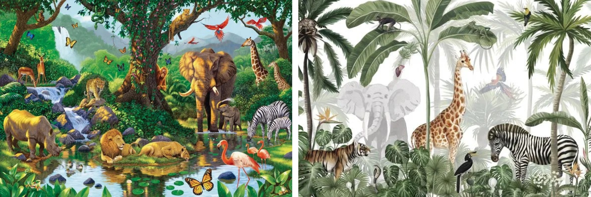 Two murals of jungle animals
