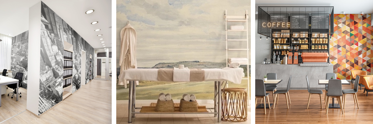 Three examples of murals and wallpaper in business environments