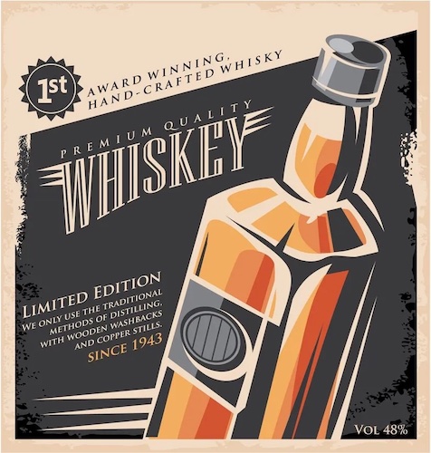 Vintage poster of a whisky bottle with marketing text