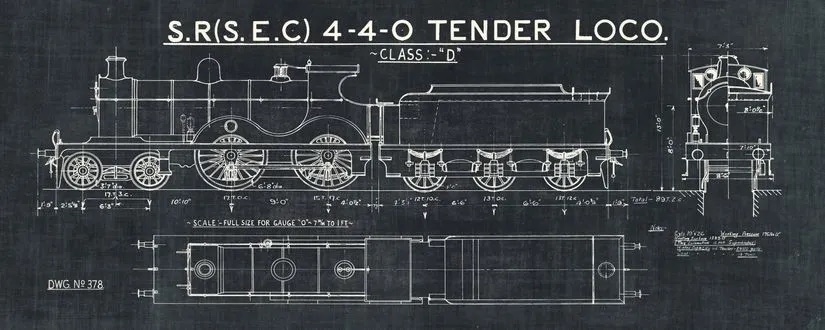 Manufacturers drawing of the plans for a locomotive with front side and top views