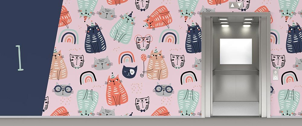 Adorable Cat Pattern Wallpaper Surrounding 1st Floor Elevator