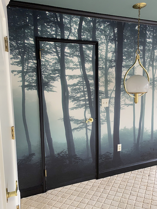 Foggy forest tree mural covering a wall and door