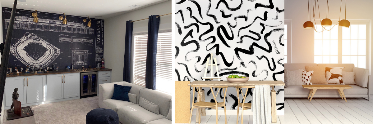 Stadium blueprint mural in a living room and squiggle wallpaper in an apartment