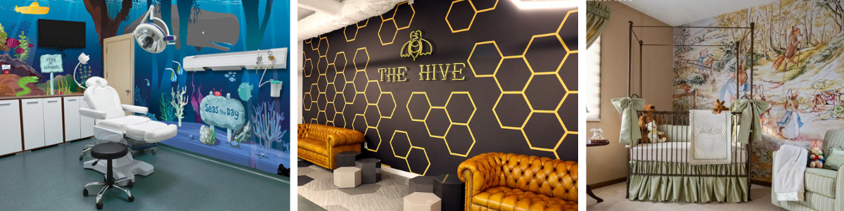 Mural examples in a dental office, tech office and nursery