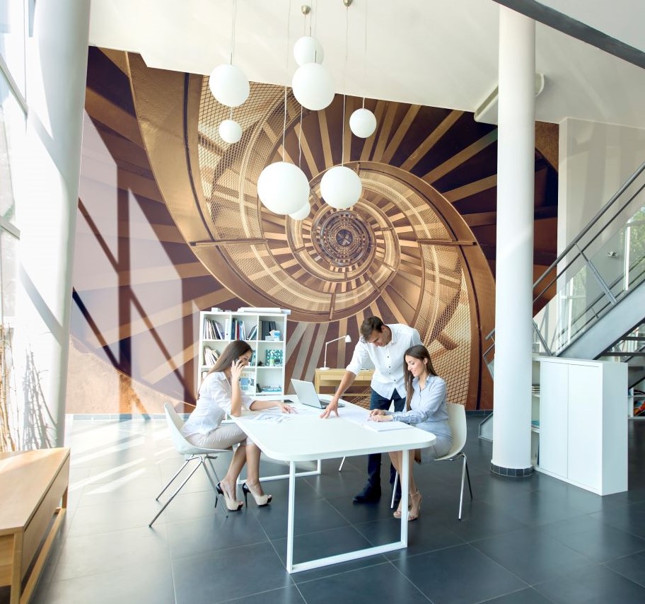 Spiral staircase mural in an office setting