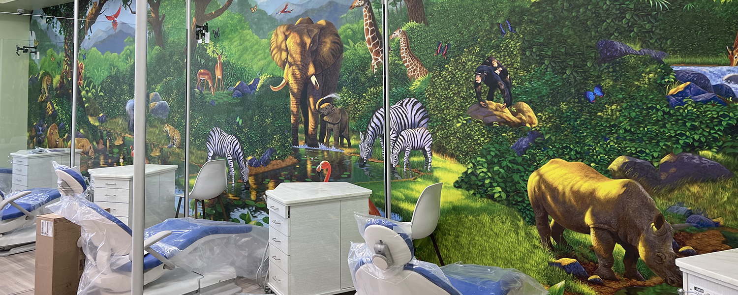 Jungle safari animal panoramic wall mural in pediatric dental office