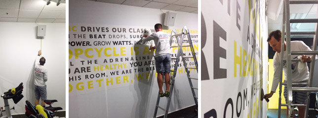 Three Photos Of A Person Installing A Word Cloud Wall Mural